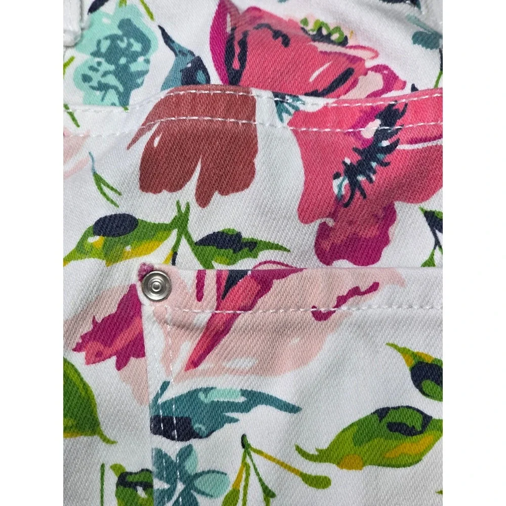 Time & Tru Women's Floral Stretch Pants White Pink Teal Slim Cropped Size M 8-10 - Picture 7 of 8
